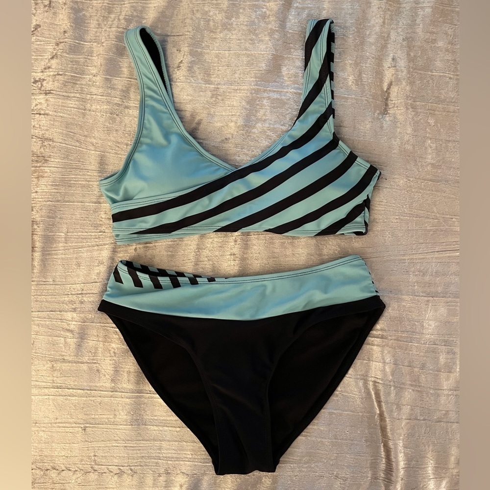 Two Piece Swimsuit Black and Blue Size Medium